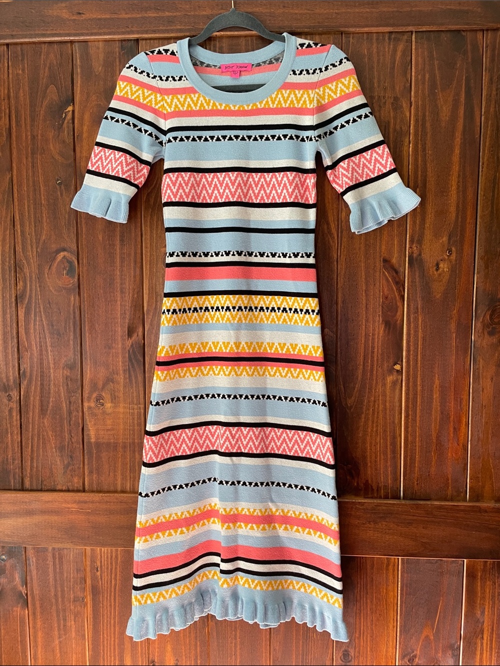 Betsey Johnson Light Blue Striped Midi Dress with Coral, Yellow & Black Accents